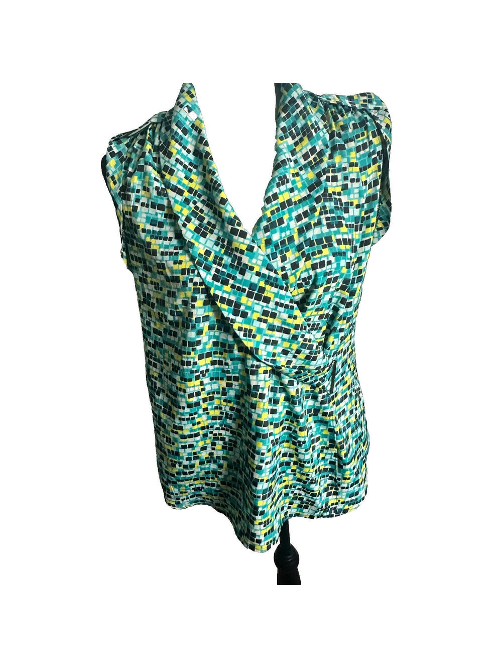 Wrap Style Blouse Green Blue Geometric Print Short Sleeve Size 6